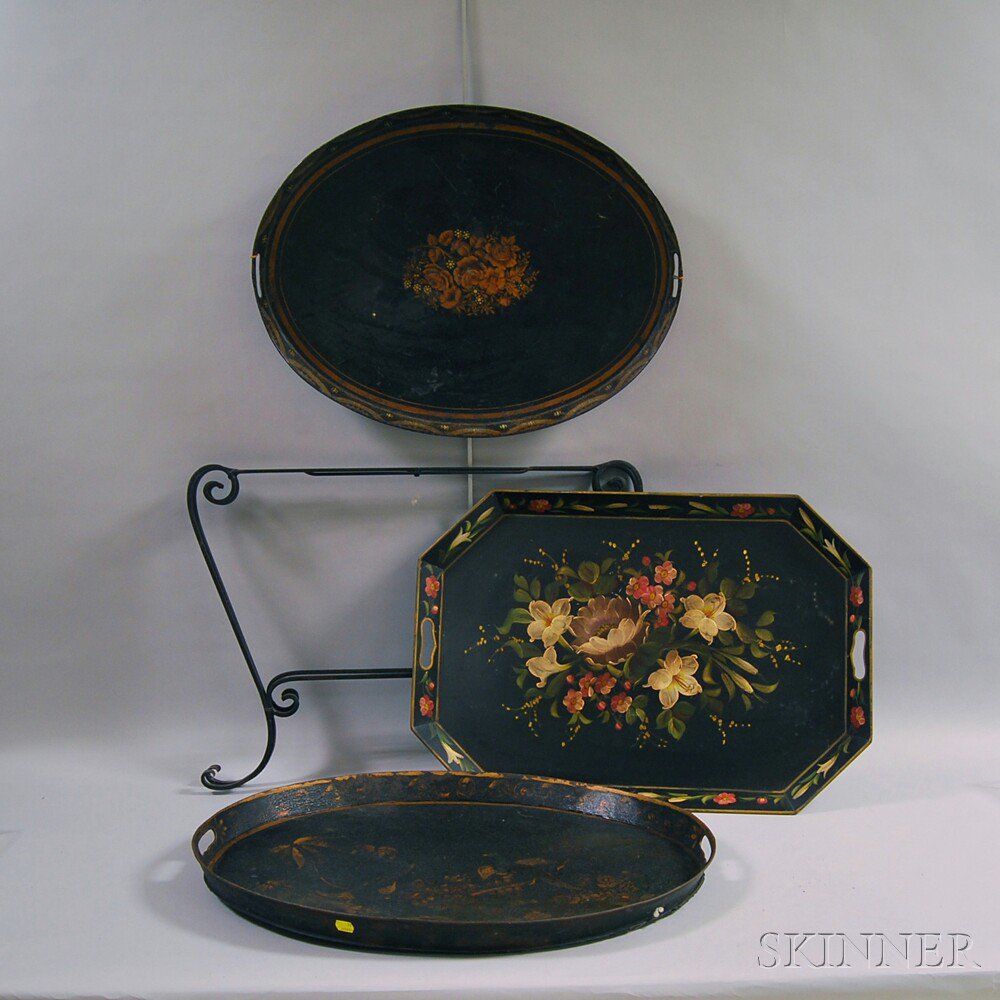 Appraisal: Three Large Paint-decorated Tole Trays and Stand th century two