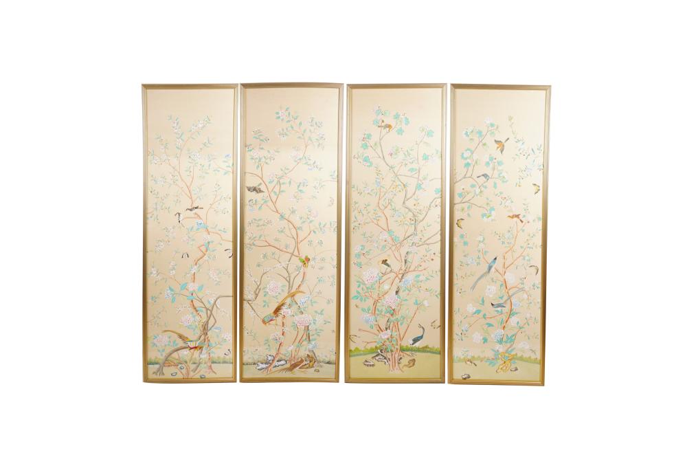 Appraisal: FOUR FRAMED CHINOISERIE PANELSwatercolor on silk each panel x inches