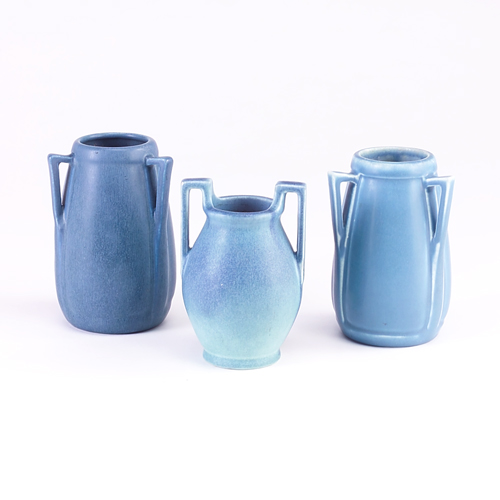 Appraisal: ROOKWOOD Three Production vases with angular handles covered in matte