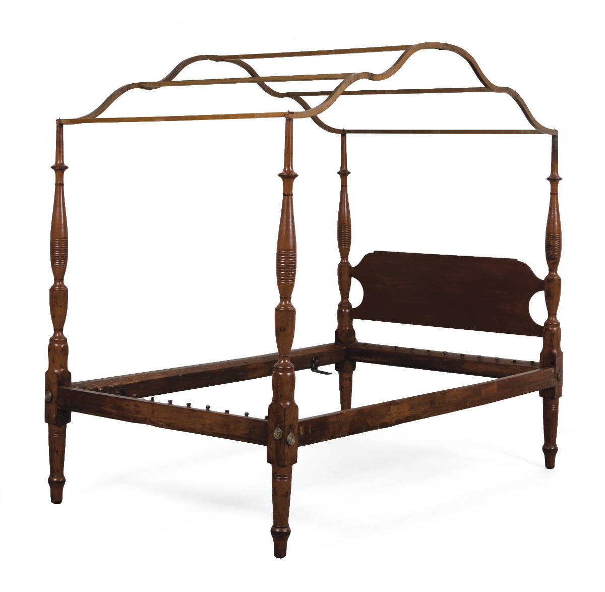 Appraisal: AMERICAN SHERATON CANOPY BEDSTEAD WITH TURNED POSTS Overall height inches