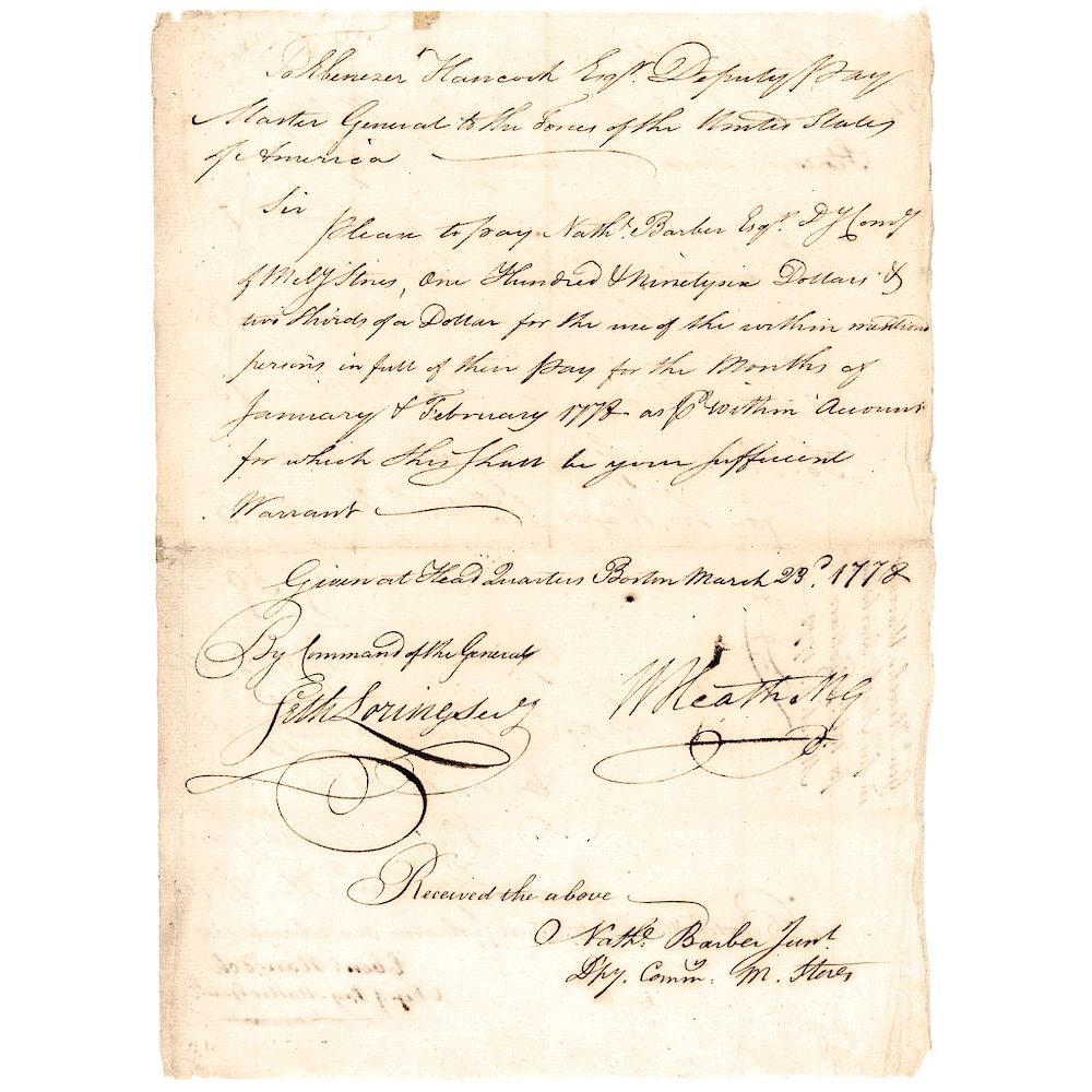 Appraisal: Continental Army Major General WILLIAM HEATH Signed Revolutionary War Document