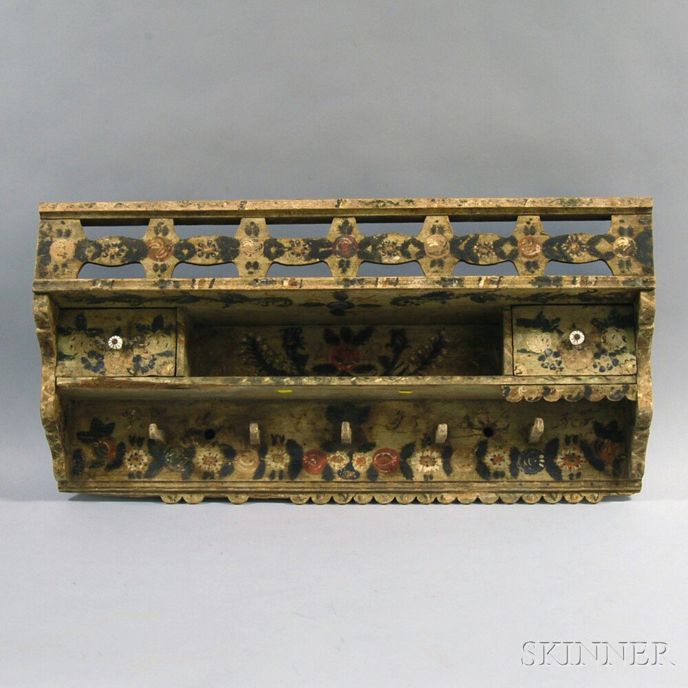 Appraisal: Paint-decorated Hanging Shelf th century with floral decoration throughout the