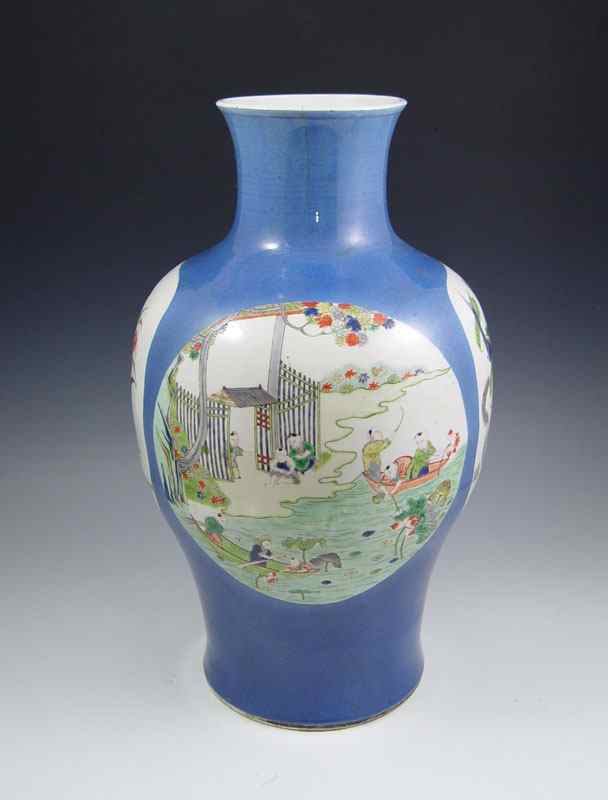 Appraisal: CHINESE SOUFFLE BLUE VASE With Famile Verte decorated panels character