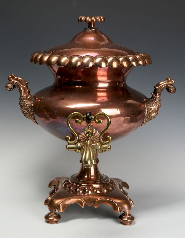 Appraisal: A REGENCY PERIOD COPPER AND BRASS SAMOVAR URN The copper