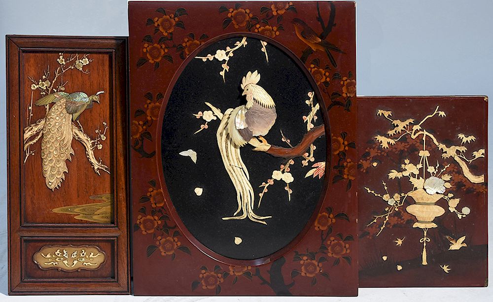 Appraisal: Three carved Japanese panels Three carved Japanese panels Bird and