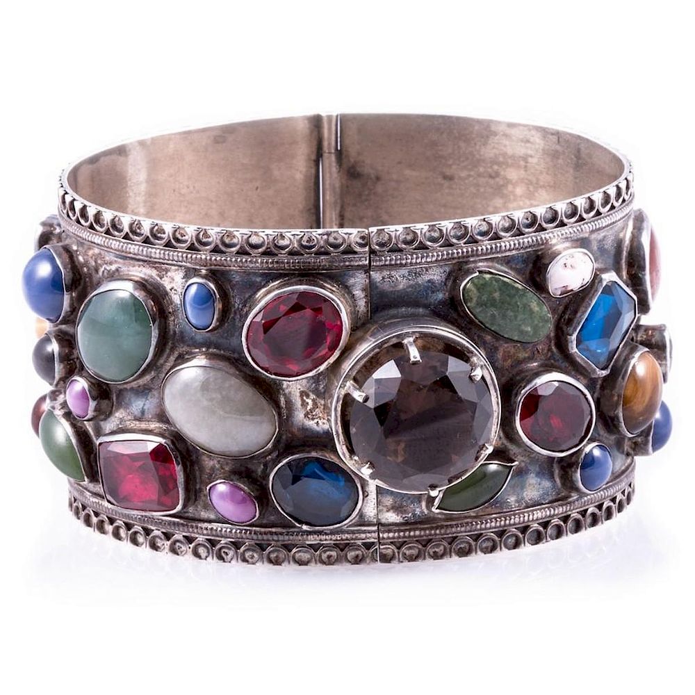 Appraisal: Semi-precious stone and silver bangle bracelet the bangle bezel and