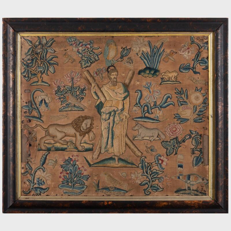 Appraisal: Charles II Stumpwork Figural Panel with Christ Amidst Animals Insects