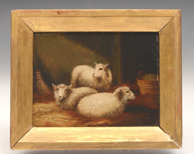 Appraisal: A MINIATURE OIL PAINTING of three sheep in a barn