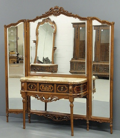 Appraisal: Inlaid walnut vanity with a marble top and mirrored back