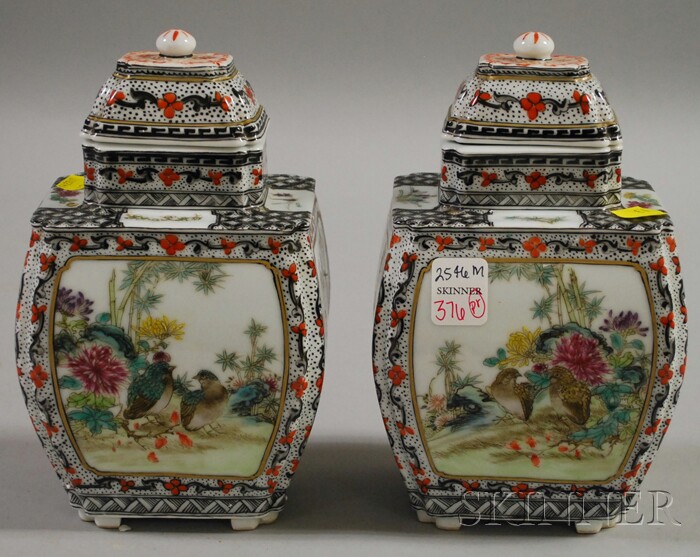 Appraisal: Pair of Chinese Paneled Porcelain Jars with Covers ht in