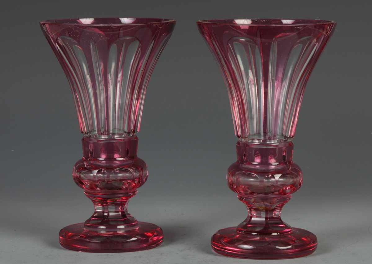 Appraisal: Cranberry Cut to Clear Overlay Vases Exc Ht '' Dia