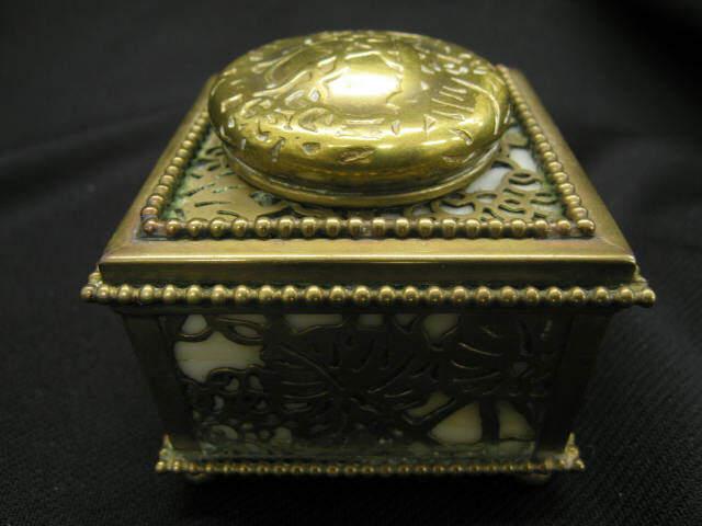 Appraisal: Tiffany Bronze Art Glass Inkwell grape vine pattern hinged cover