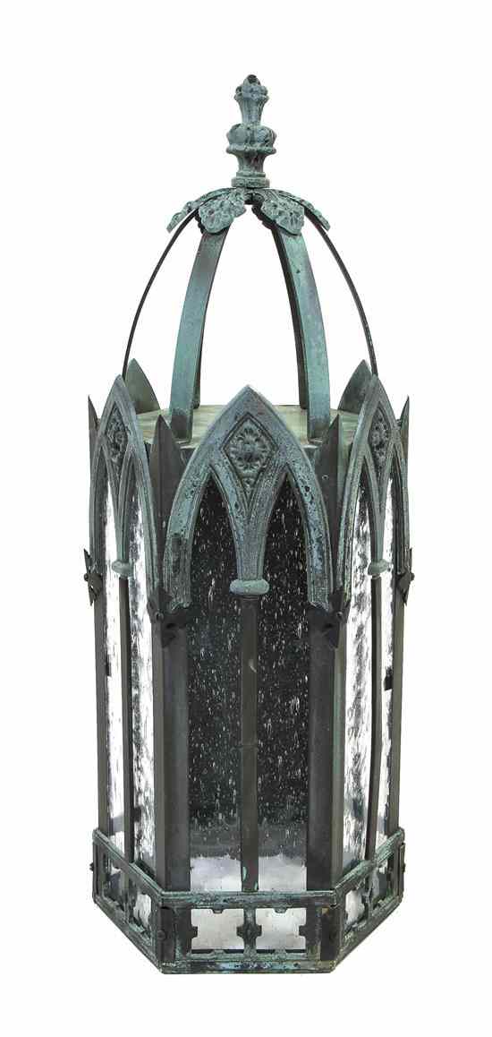 Appraisal: A Gothic Style Verdigris Patinated Light Fixture surmounted with an