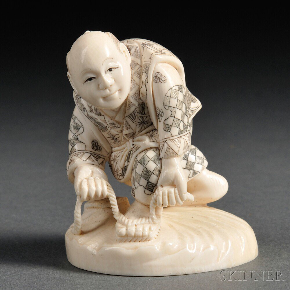 Appraisal: Ivory Okimono of a Man Japan th century squatting to