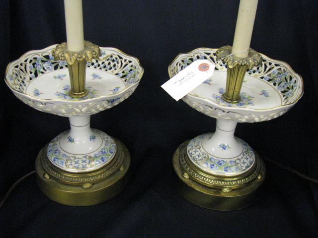 Appraisal: Pair of Dresden Porcelain Lamps brass trim openwork floral design