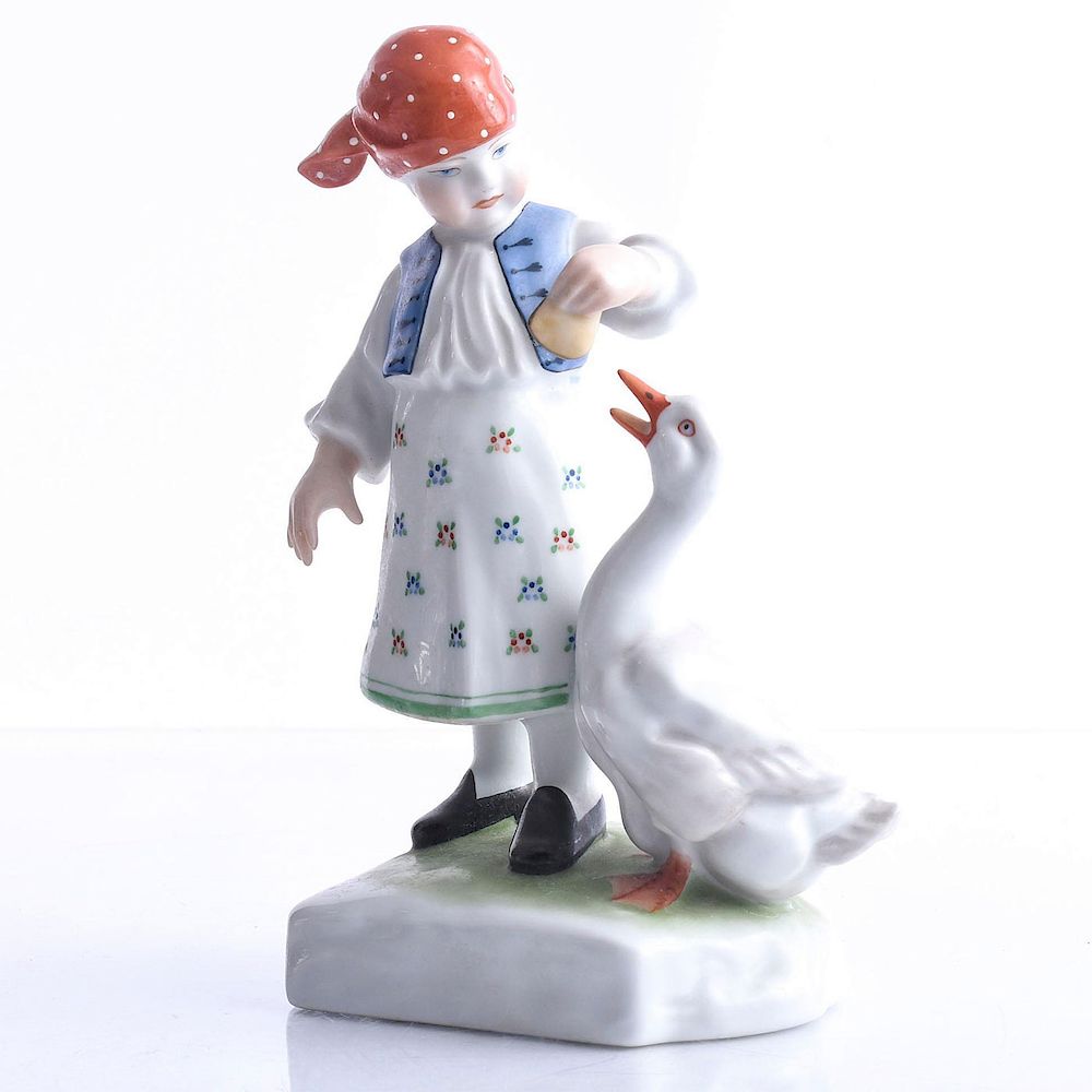 Appraisal: HEREND FIGURINE GIRL WITH GOOSE Young girl feeding goose with