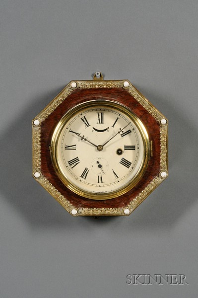 Appraisal: Rosewood Octagonal Wall Clock Connecticut c with decorative pressed brass