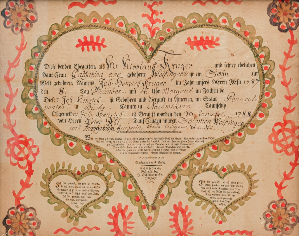 Appraisal: PENNSYLVANIA FRAKTUR BY FRIEDRICH KREBS Printed hearts on laid paper