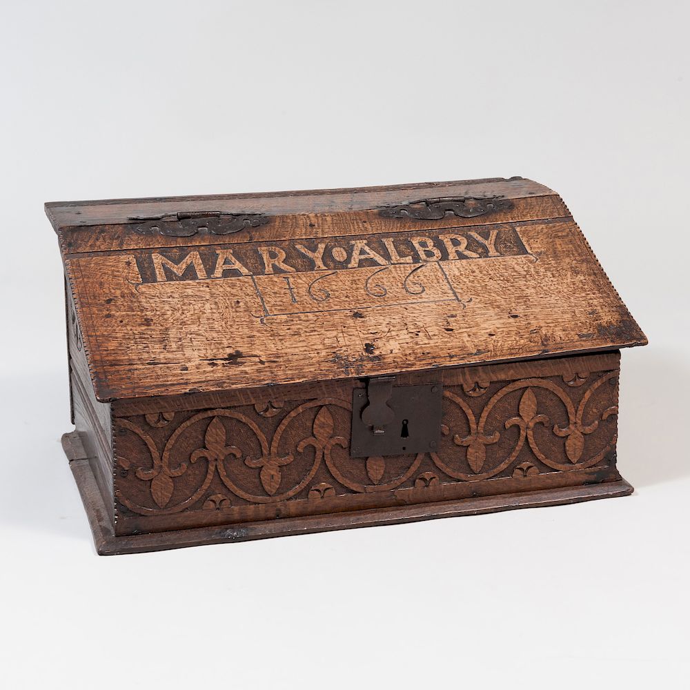 Appraisal: Charles II Metal-Mounted Carved Oak Bible Box The cover carved