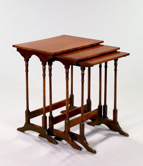 Appraisal: Suite of Three Mahogany and Oyster Burl Nesting Tables each