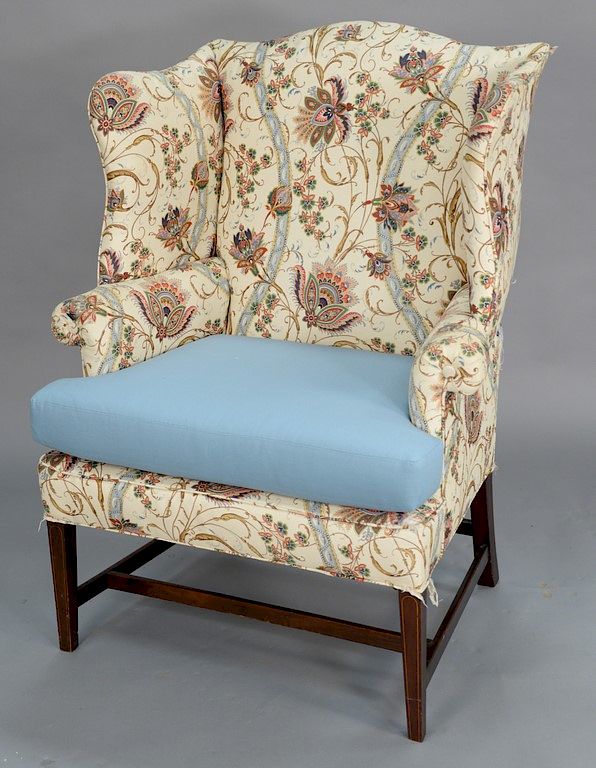 Appraisal: Federal mahogany upholstered wing chair with line inlay and stretcher