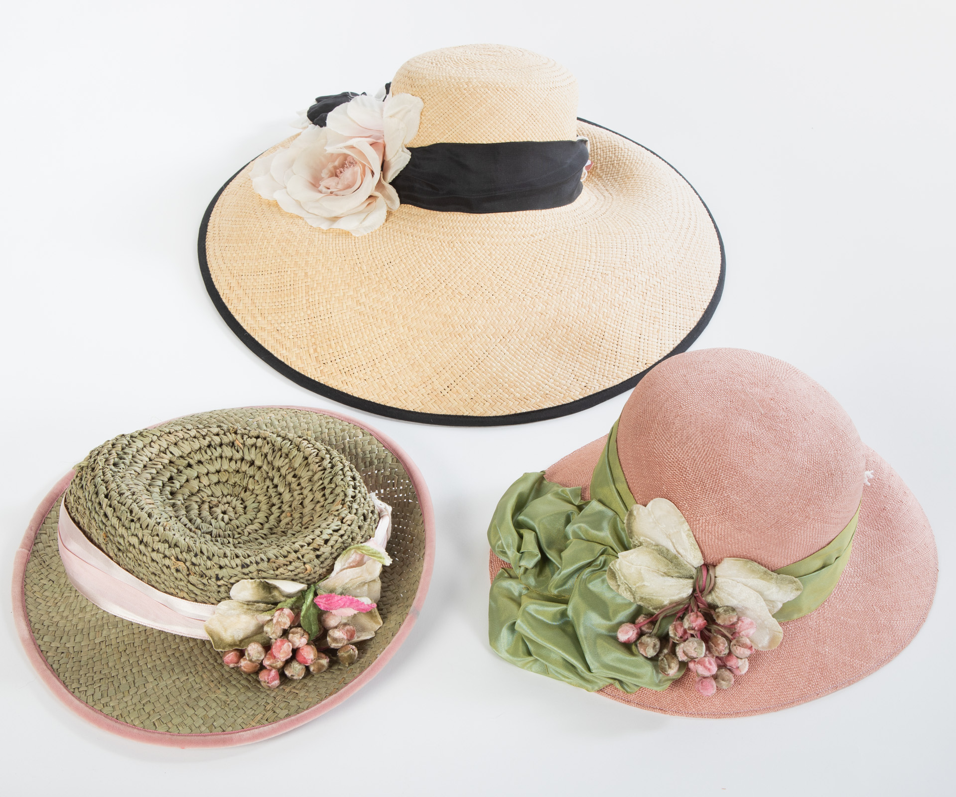 Appraisal: THREE LOUISE GREEN HATS One tan straw woven hat sun