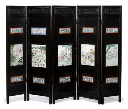 Appraisal: Chinese hardwood and porcelain insert five panel floor screen Qing