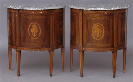 Appraisal: PAIR OF ITALIAN NEOCLASSICAL MARQUESTRY-INLAID DEMILUNE SIDE CABINETS WITH MARBLE