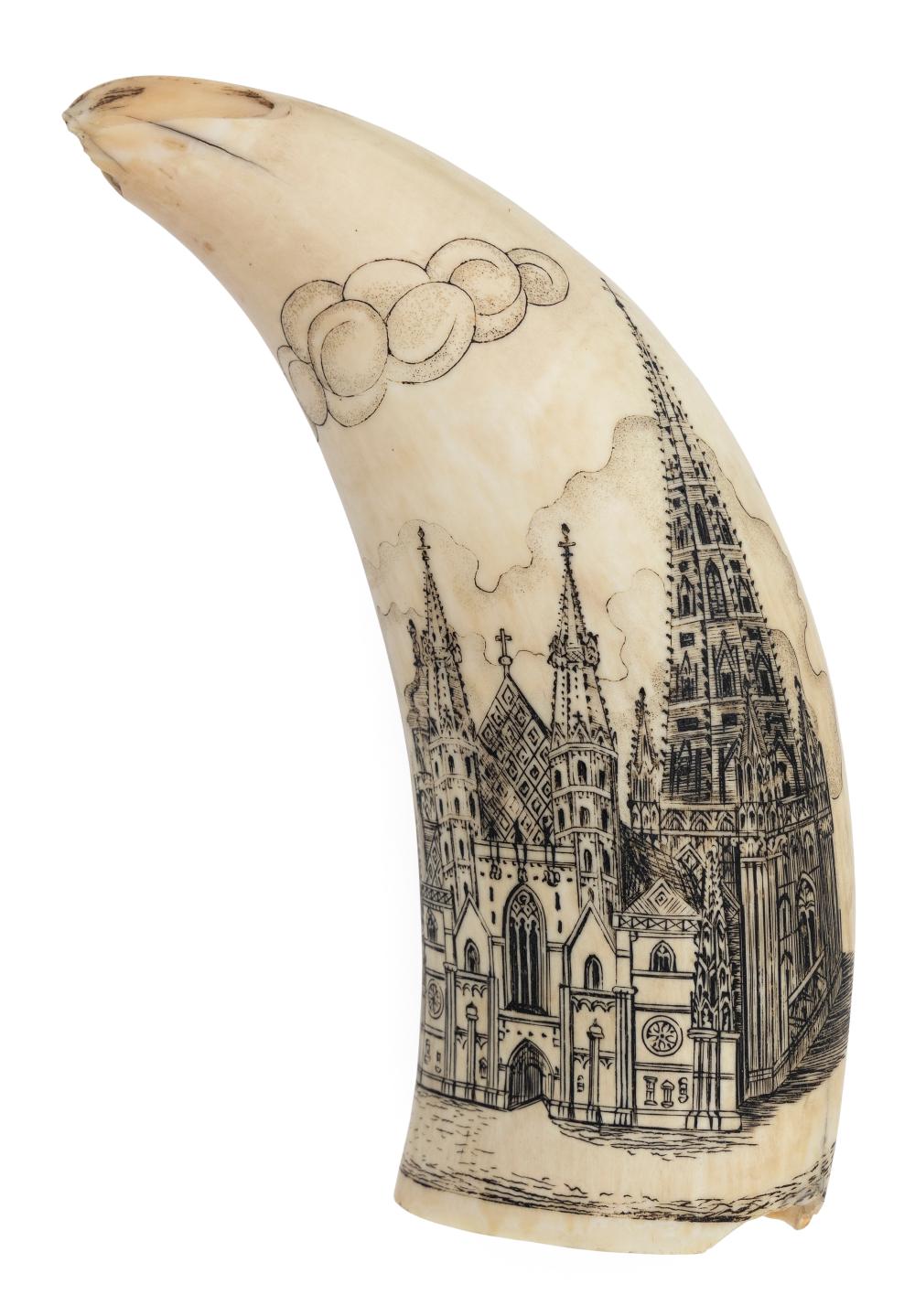 Appraisal: SCRIMSHAW WHALE'S TOOTH DEPICTING A CATHEDRAL TH CENTURY LENGTH SCRIMSHAW