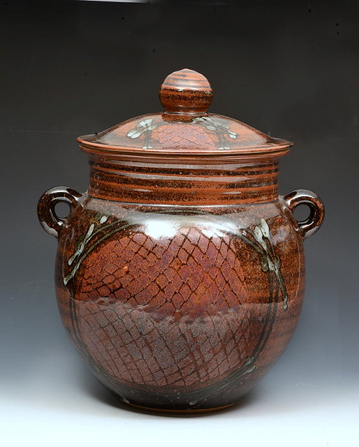 Appraisal: David Lloyd-Jones British - Bread pot and covertenmoku glazeimpressed potter's