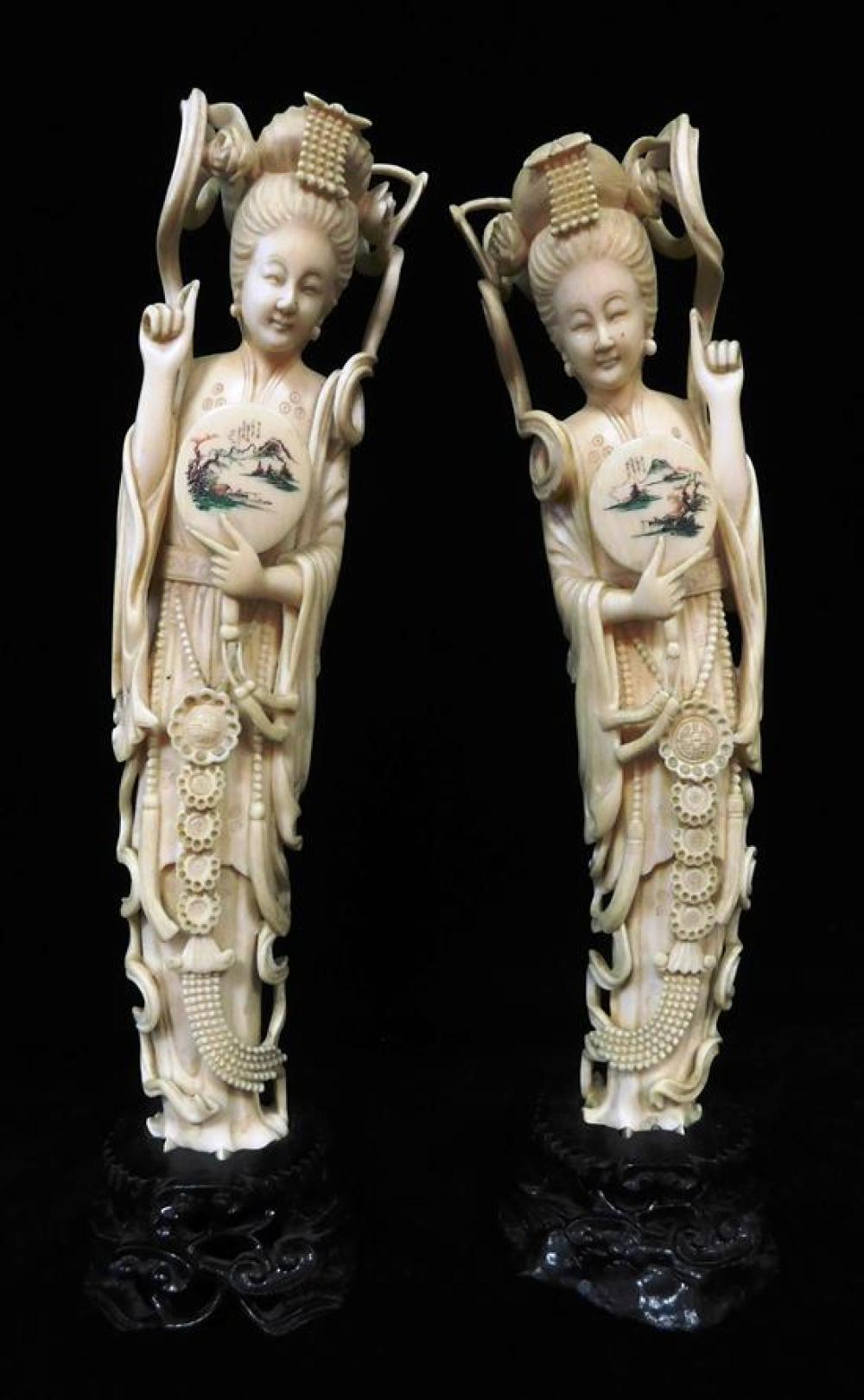 Appraisal: ASIAN th C Pair of ivory female deities tusk form