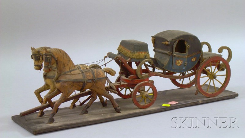 Appraisal: Folk Carved and Painted Wooden Horse-drawn Coach Model overall lg