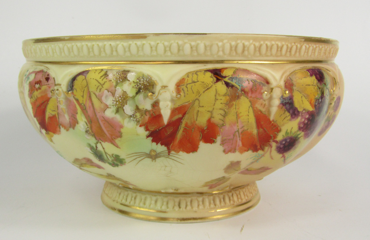 Appraisal: A Royal Worcester blush porcelain fruit bowl painted with spiders