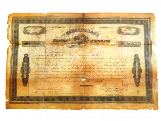 Appraisal: Confederate States of America certificate five hundred dollar certificate dated