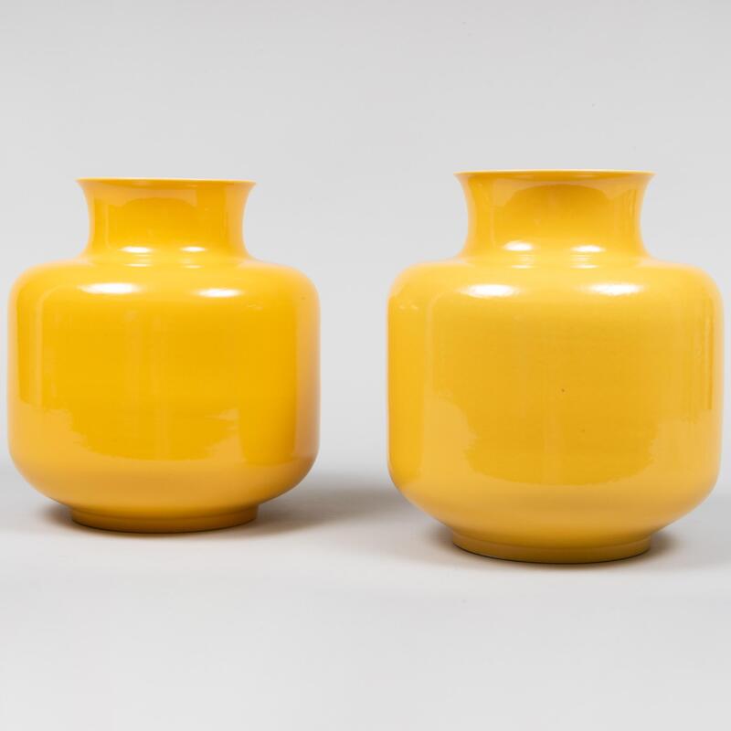 Appraisal: Pair of Large Bo-Jia Yellow Glazed Porcelain Vases Apocryphal blue