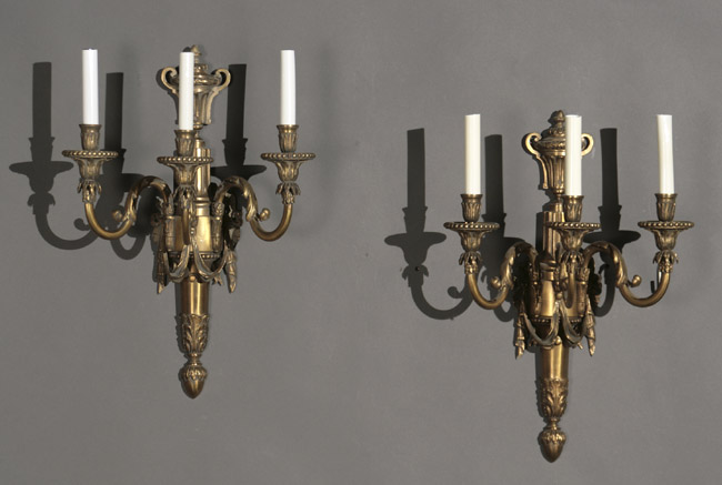 Appraisal: Pair of Louis XVI Style Ormolu Three-Light Bras de Lumi