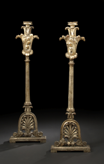 Appraisal: Large Pair of Italian Carved Argente Wood Vasiform Pricket Candlesticks