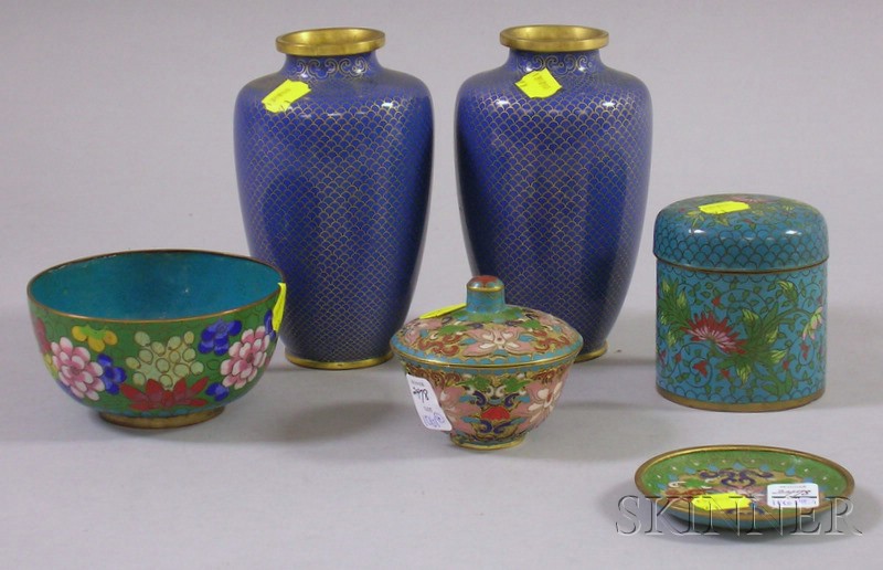 Appraisal: Six Cloisonne Items including a pair of blue and gold