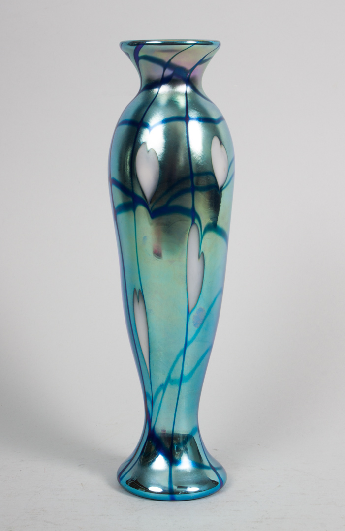 Appraisal: Donald Carlson opalescent art glass vase stylized floral decoration inscribed