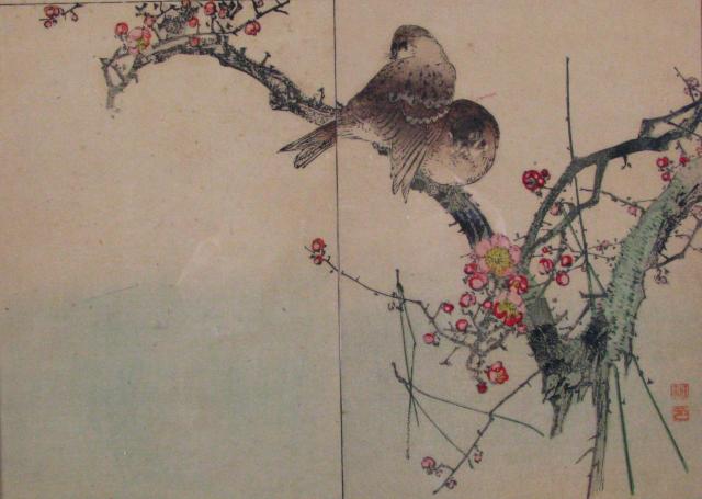 Appraisal: Unidentified Artist Japanese Sparrows on Flowering Cherry Color woodcut on