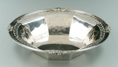 Appraisal: Sterling silver bowl round with paneled sides openwork border engraved