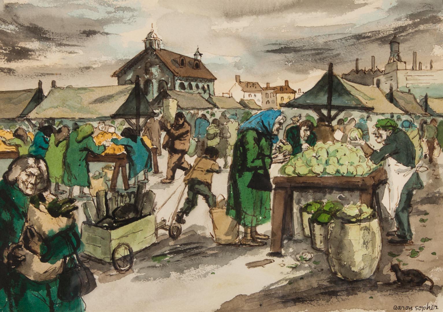 Appraisal: Aaron Sopher Marketplace Scene pen ink w c American -