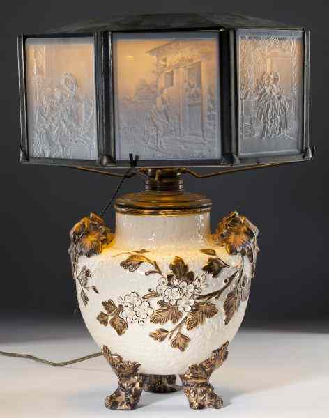 Appraisal: Rare Eight Panel Lithophane Lampcirca German lithophanes on an American