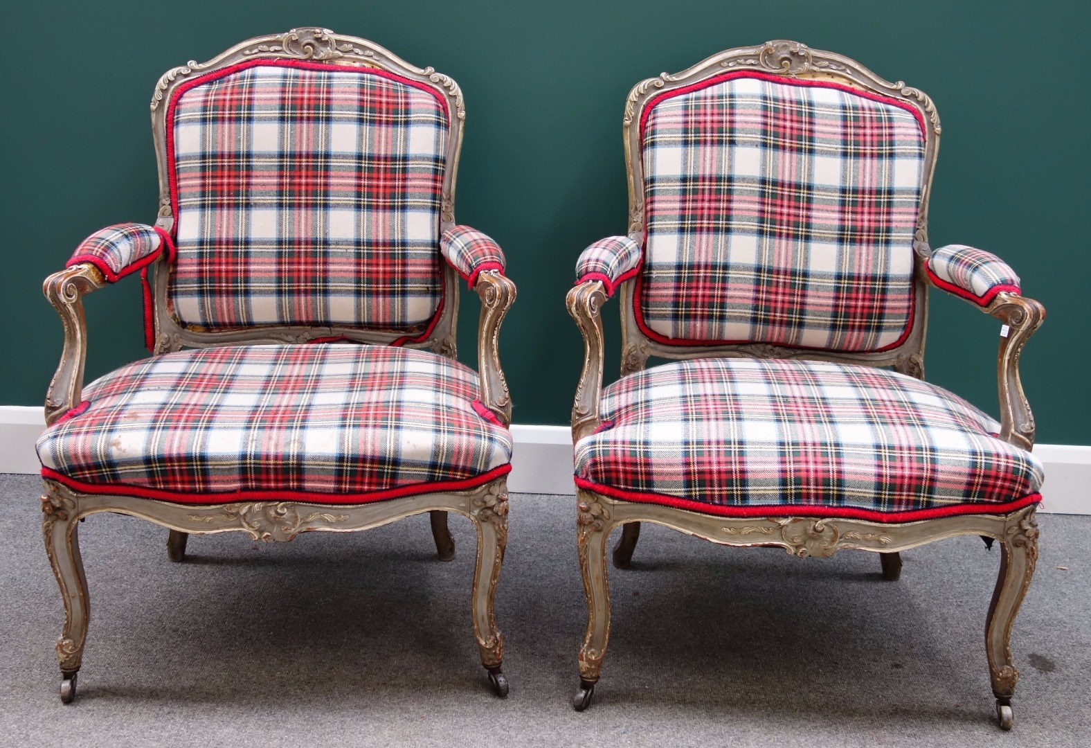 Appraisal: A pair of Louis XV style grey painted tartan upholstered