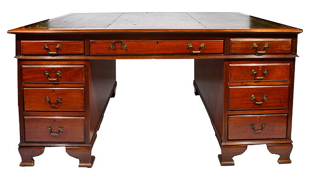 Appraisal: A MAHOGANY PARTNERS PEDESTAL DESK with green leather inset top