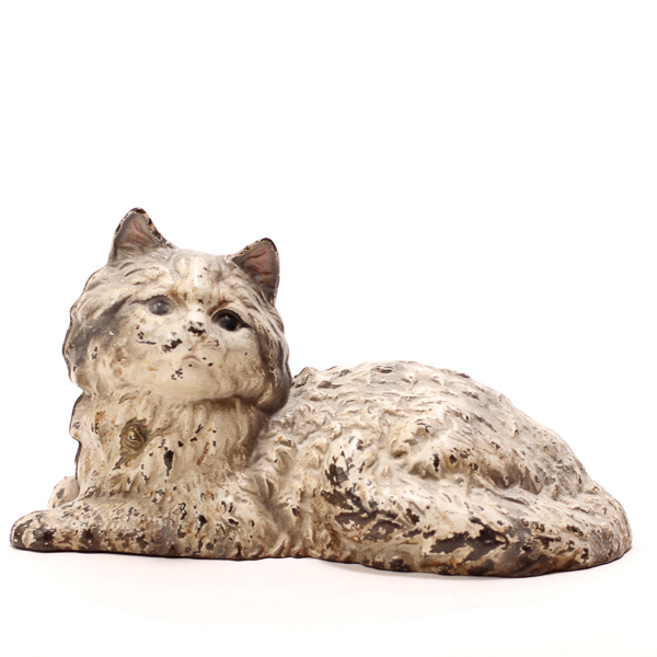 Appraisal: Hubley cast iron reclining cat painted door stop marked Hubley