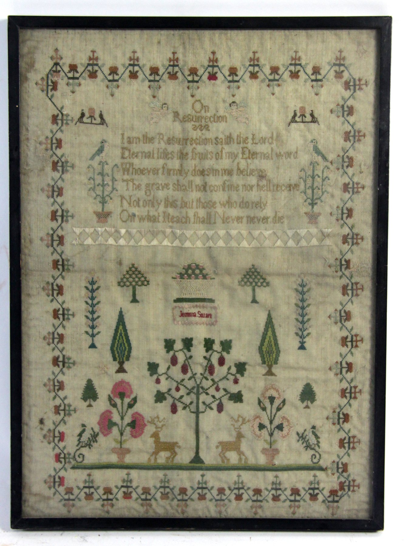 Appraisal: A needlework sampler circa worked by Jemima Stewart sewn with