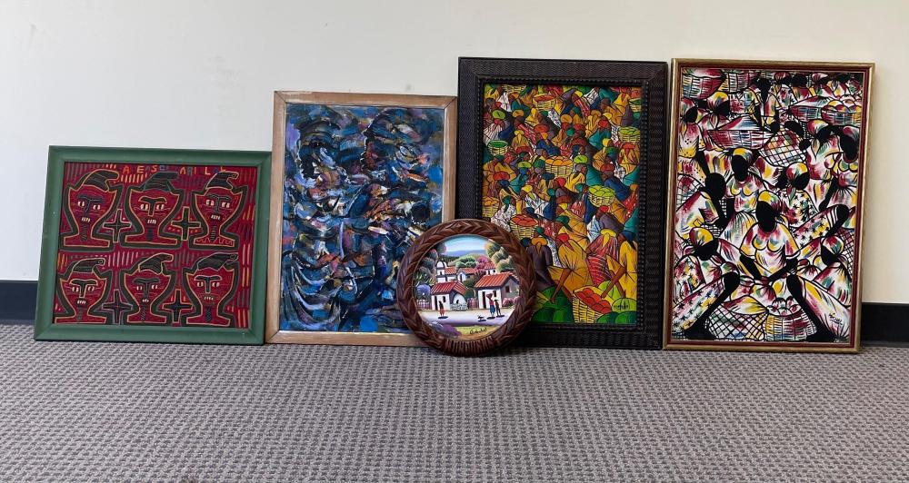 Appraisal: FOUR HAITIAN OIL PAINTINGS AND A FRAMED EMBROIDERED MOLAFour Haitian