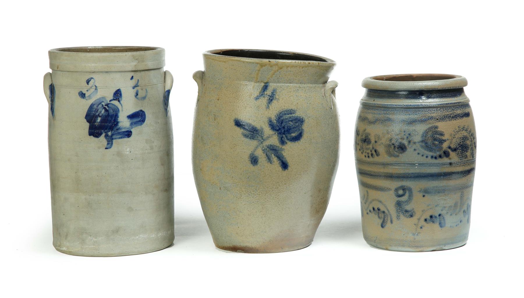 Appraisal: THREE STONEWARE JARS WITH FREEHAND COBALT DECORATION American nd half-