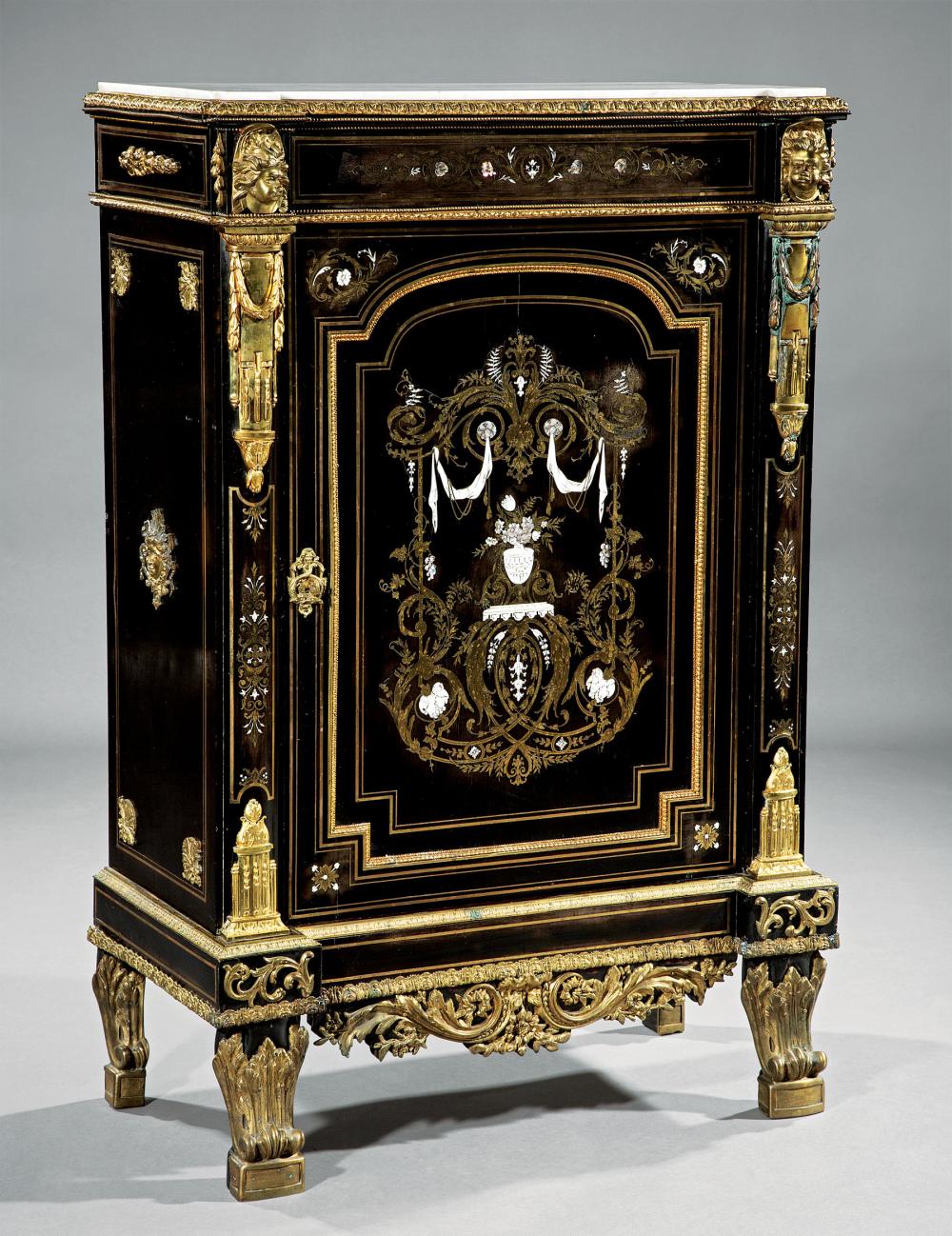 Appraisal: Napoleon III-Style Bronze-Mounted Boullework and Ebonized Parlour Cabinet shaped inset